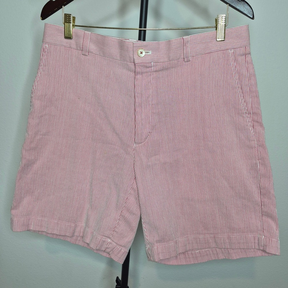 Southern Tide Skipjack Shorts Mens 34 Red White Seersucker Stripe Flat Front